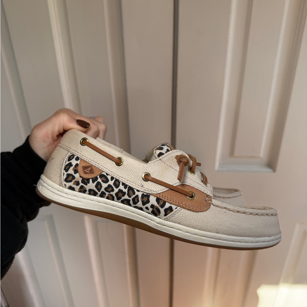 Sperry Cream and Tan Leopard Print Loafers